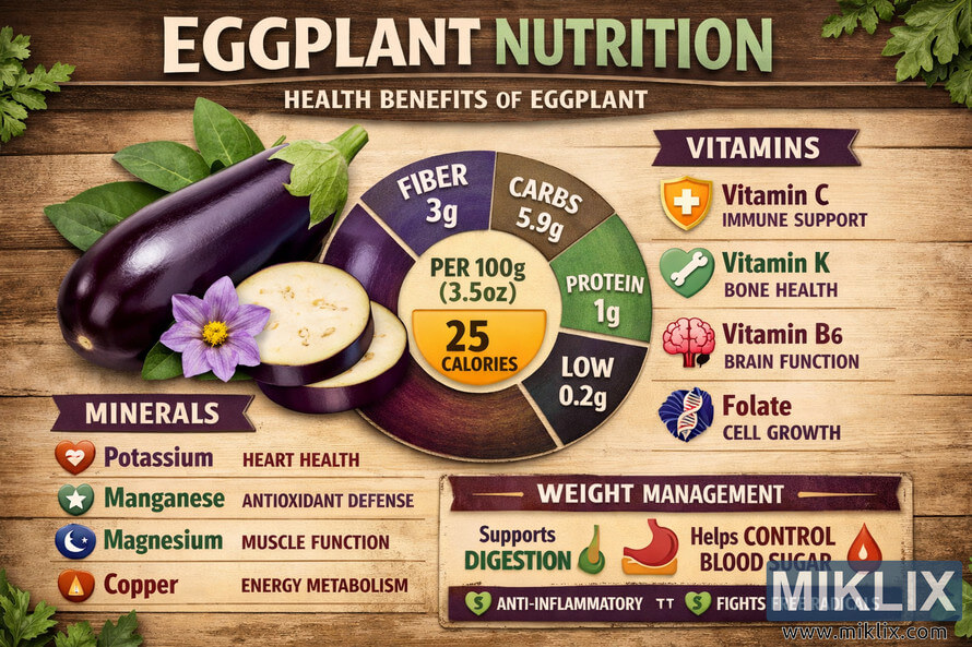 Infographic showing the nutritional breakdown and health benefits of eggplants, including vitamins, minerals, and calorie content per 100 grams. Infographic showing the nutritional breakdown and health benefits of eggplants, including vitamins, minerals, and calorie content per 100 grams.