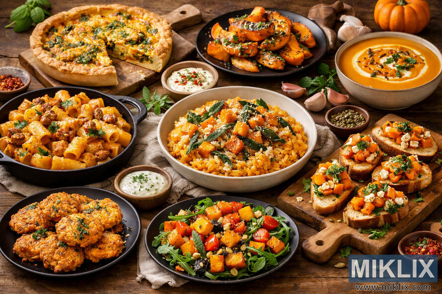 A beautifully arranged table filled with various savory pumpkin dishes including risotto, pasta, soup, quiche, empanadas, bruschetta, fritters, and salad, all presented on rustic wooden surfaces with warm lighting.