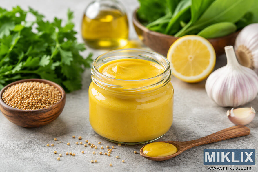 Glass jar of creamy yellow mustard surrounded by fresh greens, mustard seeds, garlic, lemon, and wooden kitchen elements on a light gray surface in natural daylight. Glass jar of creamy yellow mustard surrounded by fresh greens, mustard seeds, garlic, lemon, and wooden kitchen elements on a light gray surface in natural daylight.