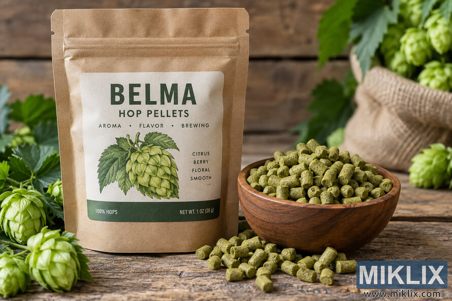 Landscape product photo of a generic kraft pouch labeled Belma Hop Pellets beside a wooden bowl filled with green hop pellets, surrounded by fresh hop cones, leaves, burlap, and scattered pellets on a rustic wooden table. Landscape product photo of a generic kraft pouch labeled Belma Hop Pellets beside a wooden bowl filled with green hop pellets, surrounded by fresh hop cones, leaves, burlap, and scattered pellets on a rustic wooden table.