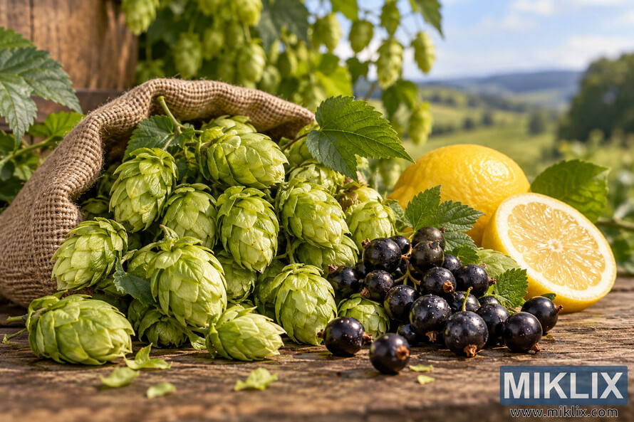 Fresh green hop cones spilling from a rustic burlap sack beside glossy black currants and whole and halved lemons on a weathered wooden table, visually representing the black currant and lemon characteristics of Bramling Cross hops against a softly blurred countryside.