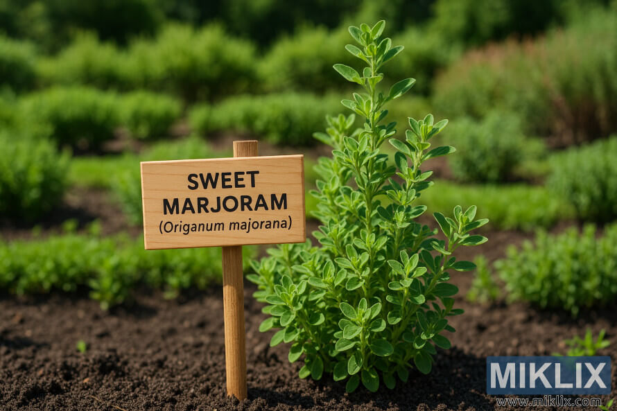 Une plante de marjolaine douce (Origanum majorana) poussant dans un jardin dâherbes bien entretenues lors dâune journÃ©e dâÃ©tÃ© ensoleillÃ©e
