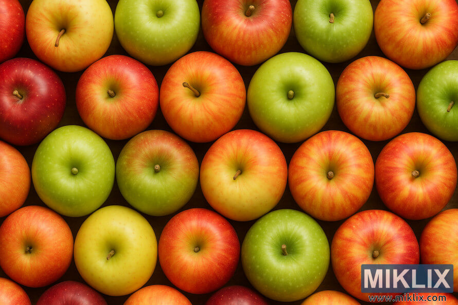 Epal berwarna-warni tersusun dalam barisan yang kemas membentuk mozek berwarna merah, hijau dan kuning yang terang.
