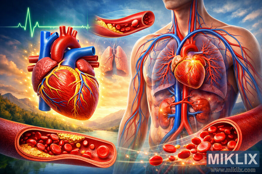 High-resolution medical illustration of a healthy cardiovascular system showing a detailed 3D human heart with yellow coronary arteries, a glowing green ECG heartbeat line, a semi-transparent upper torso revealing red arteries and blue veins, close-up cross-sections of clean blood vessels with flowing red blood cells, and background images of healthy lungs and brain overlaid with vessels, all set against a serene mountain and lake landscape under warm sunlight. High-resolution medical illustration of a healthy cardiovascular system showing a detailed 3D human heart with yellow coronary arteries, a glowing green ECG heartbeat line, a semi-transparent upper torso revealing red arteries and blue veins, close-up cross-sections of clean blood vessels with flowing red blood cells, and background images of healthy lungs and brain overlaid with vessels, all set against a serene mountain and lake landscape under warm sunlight.