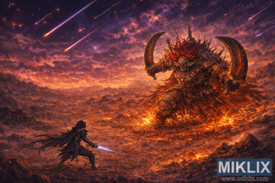 Anime-style isometric scene of the Tarnished with a glowing blue dagger facing the towering Starscourge Radahn beneath a meteor-filled sky.