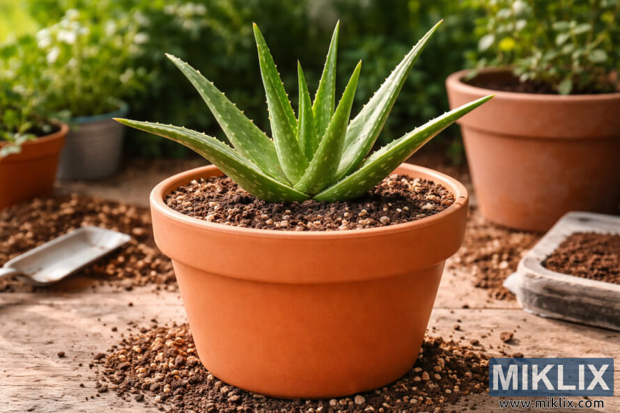 Aloe vera saudável, plantada corretamente na profundidade adequada do solo, em um vaso de terracota de tamanho apropriado e com solo bem drenado. Aloe vera saudável, plantada corretamente na profundidade adequada do solo, em um vaso de terracota de tamanho apropriado e com solo bem drenado.