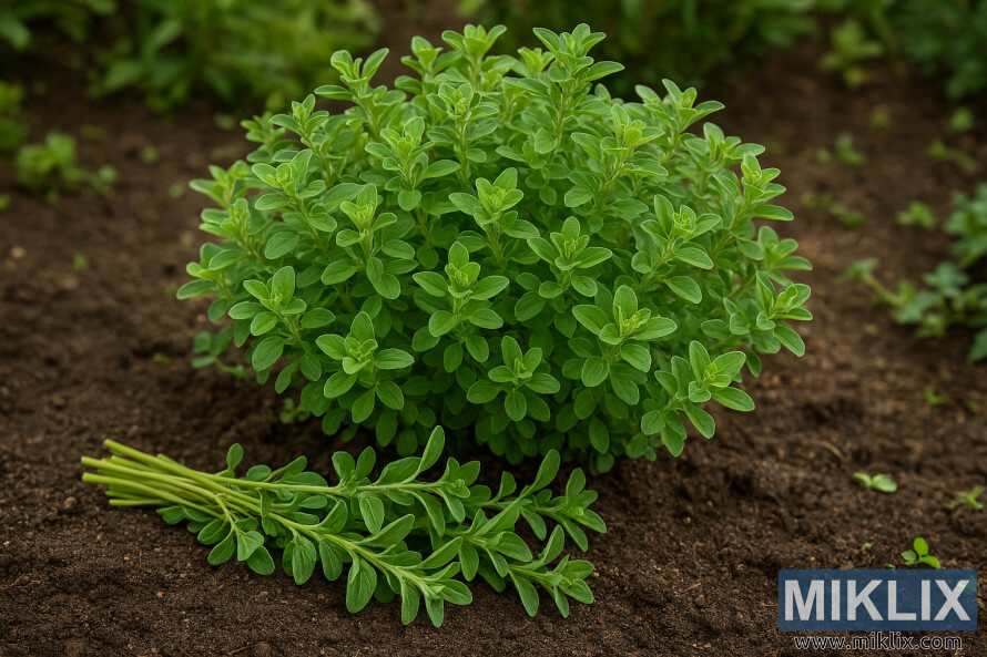 Plante luxuriante de marjolaine dans le jardin avec des branches rÃ©coltÃ©es sur la terre