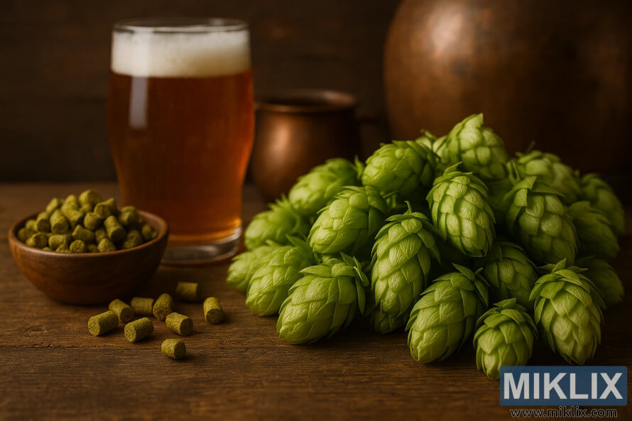 Fresh green hops, hop pellets, and a frothy amber beer set against a rustic brewing kettle in warm lighting. Fresh green hops, hop pellets, and a frothy amber beer set against a rustic brewing kettle in warm lighting.