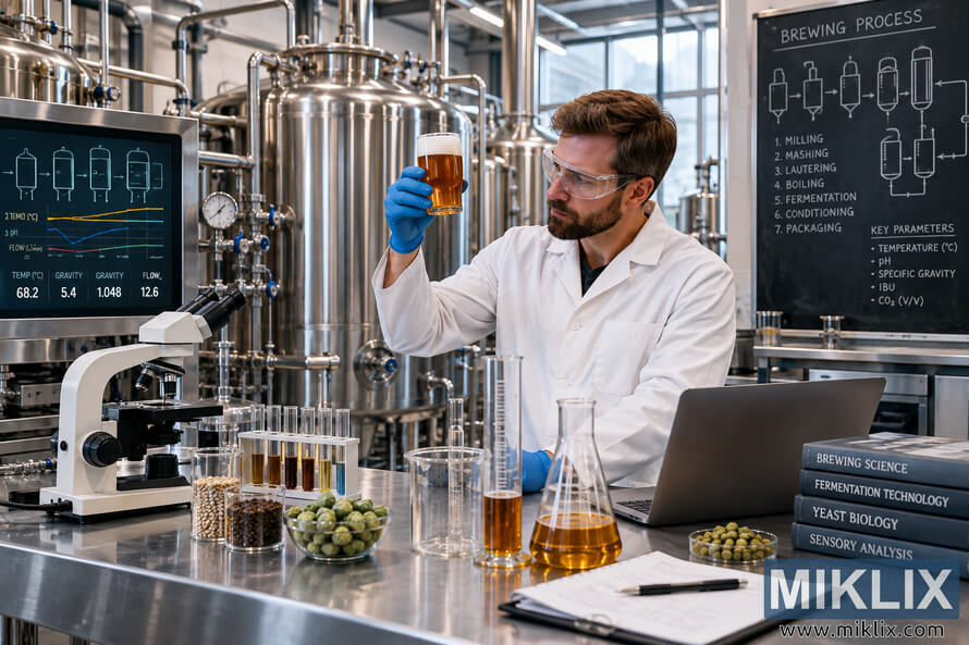 Brewing scientist in safety goggles and a white lab coat examines an amber beer sample in a modern brewery laboratory with stainless-steel fermentation tanks, microscope, test tubes, brewing ingredients, scientific glassware, digital process monitors, and brewing diagrams. Brewing scientist in safety goggles and a white lab coat examines an amber beer sample in a modern brewery laboratory with stainless-steel fermentation tanks, microscope, test tubes, brewing ingredients, scientific glassware, digital process monitors, and brewing diagrams.