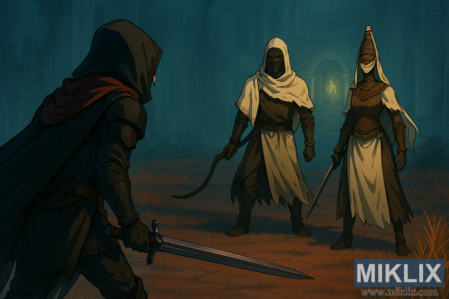 Fan art in stile anime dell'armatura Tarnished in Black Knife che affronta Nox Swordstress e Nox Monk nella cittÃ  della stregoneria di Sellia