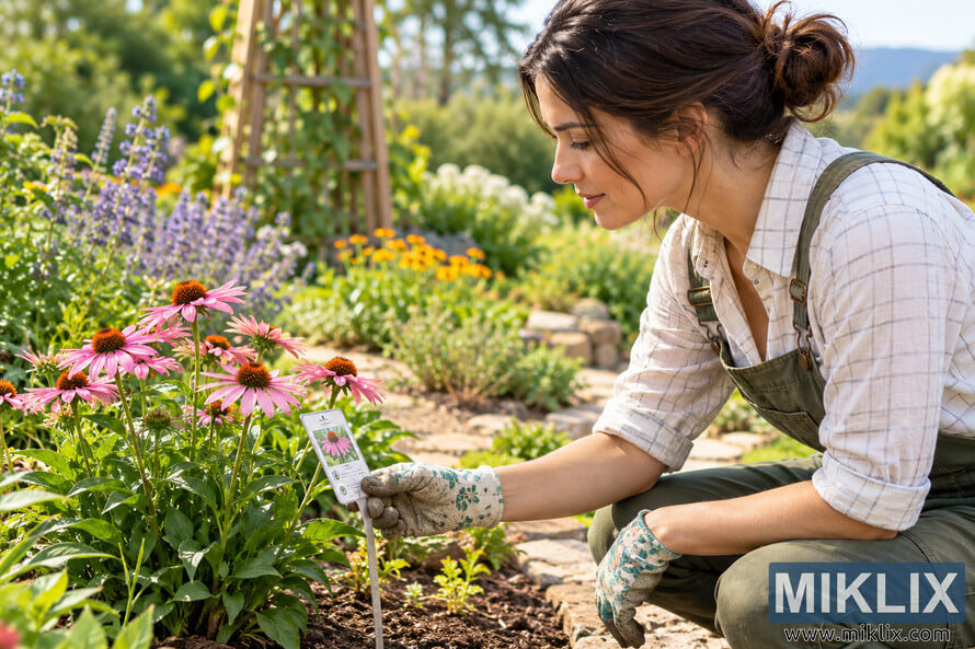 Woman in gardening gloves crouching beside pink coneflowers and examining a plant identification label in a sunny flower garden. Woman in gardening gloves crouching beside pink coneflowers and examining a plant identification label in a sunny flower garden.