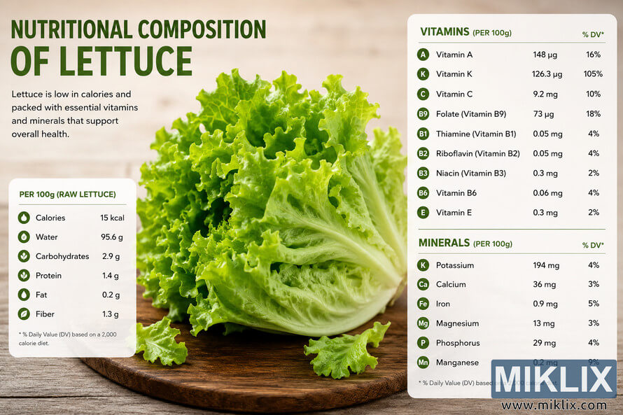 Landscape infographic showing fresh green lettuce on a wooden surface with detailed nutritional information panels listing vitamins, minerals, calories, carbohydrates, protein, fiber, and daily value percentages per 100 grams of raw lettuce. Landscape infographic showing fresh green lettuce on a wooden surface with detailed nutritional information panels listing vitamins, minerals, calories, carbohydrates, protein, fiber, and daily value percentages per 100 grams of raw lettuce.