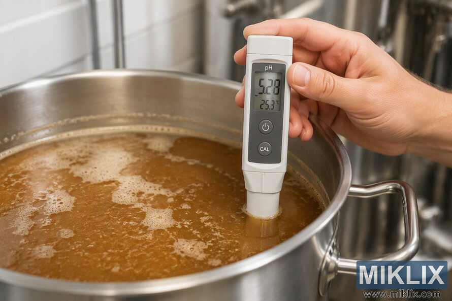 Close-up landscape photograph of a digital pH meter immersed in amber-colored wort inside a large stainless steel brewing kettle. A hand holds the instrument while the display shows a pH reading near 5.28 and a temperature reading around 25.3°C. Brewing equipment appears softly blurred in the background. Close-up landscape photograph of a digital pH meter immersed in amber-colored wort inside a large stainless steel brewing kettle. A hand holds the instrument while the display shows a pH reading near 5.28 and a temperature reading around 25.3°C. Brewing equipment appears softly blurred in the background.