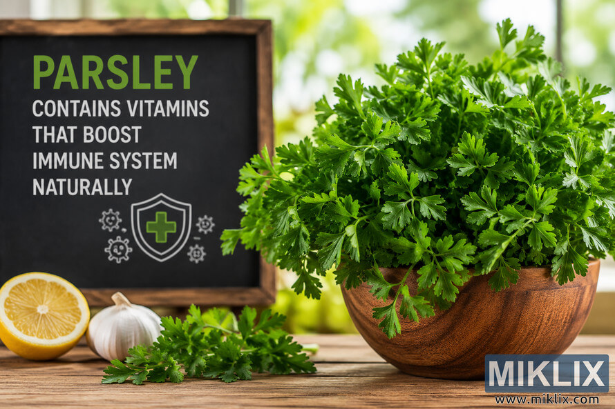 Landscape-oriented high-resolution image of fresh green parsley in a wooden bowl beside a chalkboard sign that reads about vitamins boosting the immune system naturally, with lemon, garlic, and a soft green blurred background. Landscape-oriented high-resolution image of fresh green parsley in a wooden bowl beside a chalkboard sign that reads about vitamins boosting the immune system naturally, with lemon, garlic, and a soft green blurred background.