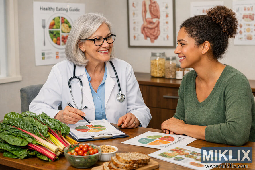 A healthcare professional in a white lab coat discusses nutrition with a patient at a wooden table covered with fresh vegetables, including Swiss chard, cherry tomatoes, and whole grain bread, in a bright medical office.