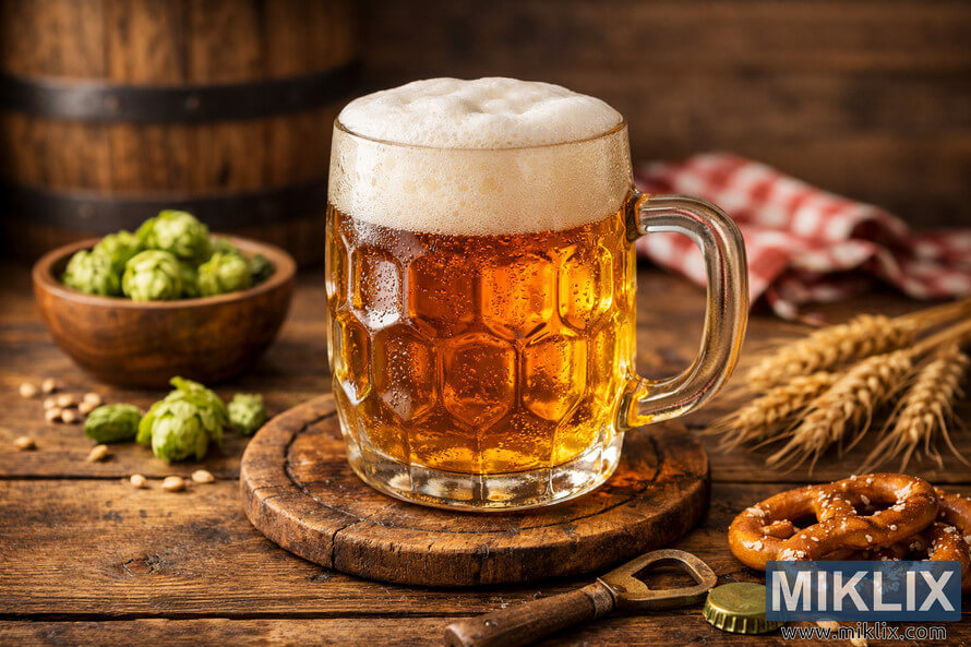 Glass mug of golden Czech-style lager with thick foam head on a rustic wooden table surrounded by hops, barley, pretzels, and brewing elements. Glass mug of golden Czech-style lager with thick foam head on a rustic wooden table surrounded by hops, barley, pretzels, and brewing elements.