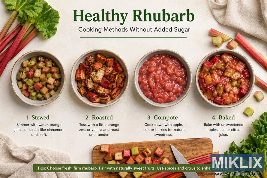 Landscape food infographic showing four healthy rhubarb preparation methods without added sugar, including stewed, roasted, compote, and baked rhubarb in ceramic bowls surrounded by fresh rhubarb stalks and rustic kitchen props on a light neutral background. Landscape food infographic showing four healthy rhubarb preparation methods without added sugar, including stewed, roasted, compote, and baked rhubarb in ceramic bowls surrounded by fresh rhubarb stalks and rustic kitchen props on a light neutral background.