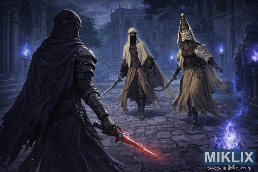 Fan art in stile anime del Tarnished in Black Knife che affronta la Nox Swordstress e il Nox Monk nelle rovine nebbiose della cittÃ  della stregoneria di Sellia, pochi istanti prima del combattimento.