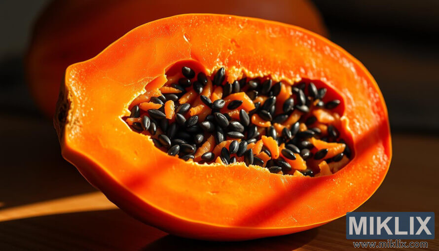 Potongan melintang tina papaya asak kalayan daging oranyeu sareng siki hideung dina cahaya alami anu haneut.