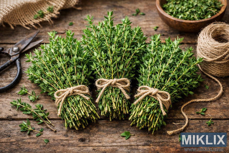 Three bundles of fresh organic thyme tied with natural twine on a rustic wooden table, surrounded by scissors, loose leaves, and a spool of jute twine. Three bundles of fresh organic thyme tied with natural twine on a rustic wooden table, surrounded by scissors, loose leaves, and a spool of jute twine.