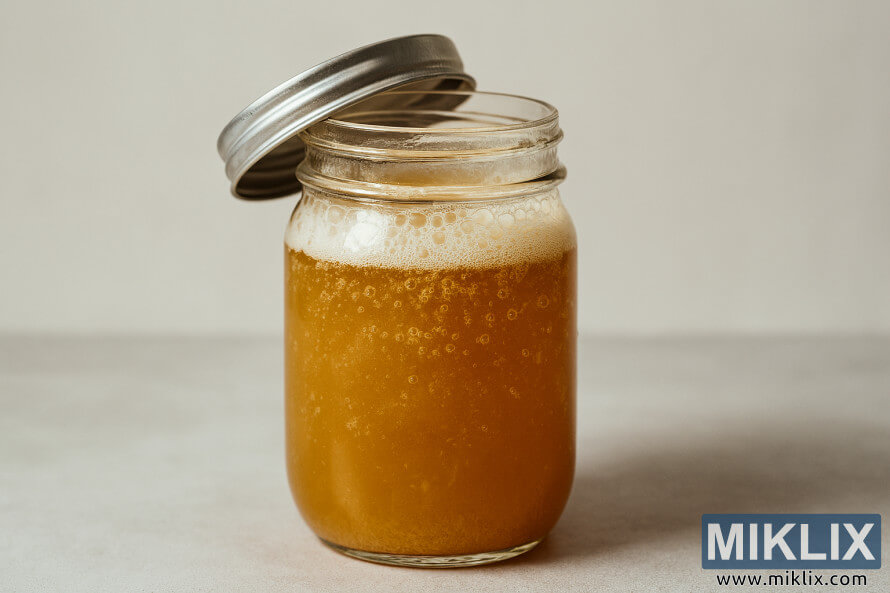 Primer pla d'un pot de vidre amb cervesa agra tèrbola de color daurat-ambre que fermenta activament, amb la tapa entreoberta i les bombolles que pugen a la superfÃcie. Primer pla d'un pot de vidre amb cervesa agra tèrbola de color daurat-ambre que fermenta activament, amb la tapa entreoberta i les bombolles que pugen a la superfÃcie.