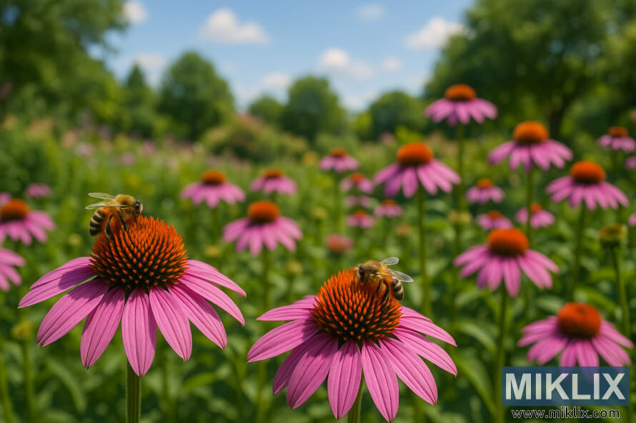 Des Ã©chinacÃ©es pourpres en fleurs avec des abeilles recueillant le nectar sous un ciel bleu ensoleillÃ©.