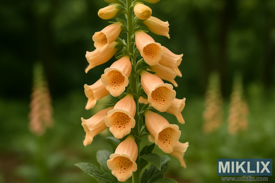 Gros plan des fleurs de digitale abricot de Sutton avec de douces fleurs en forme de cloche couleur pÃªche sur un fond vert flou.