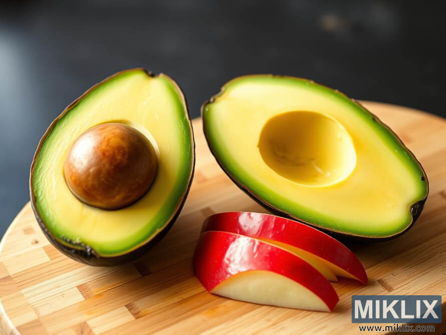 Puolitettu avokado kivellÃ¤ ja punaisilla omenaviipaleilla puisella leikkuulaudalla.