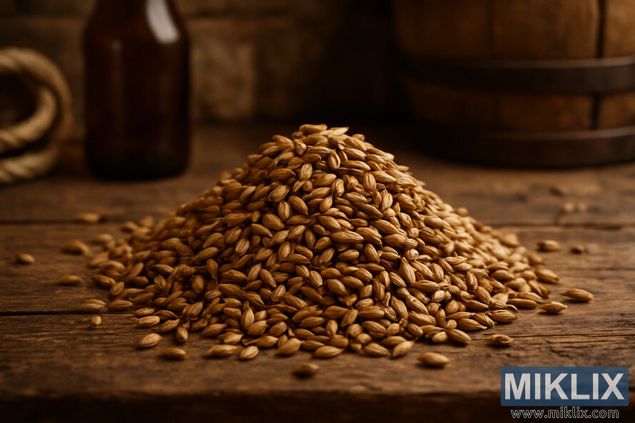 Nærmynd af litlum hrúgu af hveitimalti á sveitalegu tréborði à heimabruggunarumhverfi. Nærmynd af litlum hrúgu af hveitimalti á sveitalegu tréborði à heimabruggunarumhverfi.