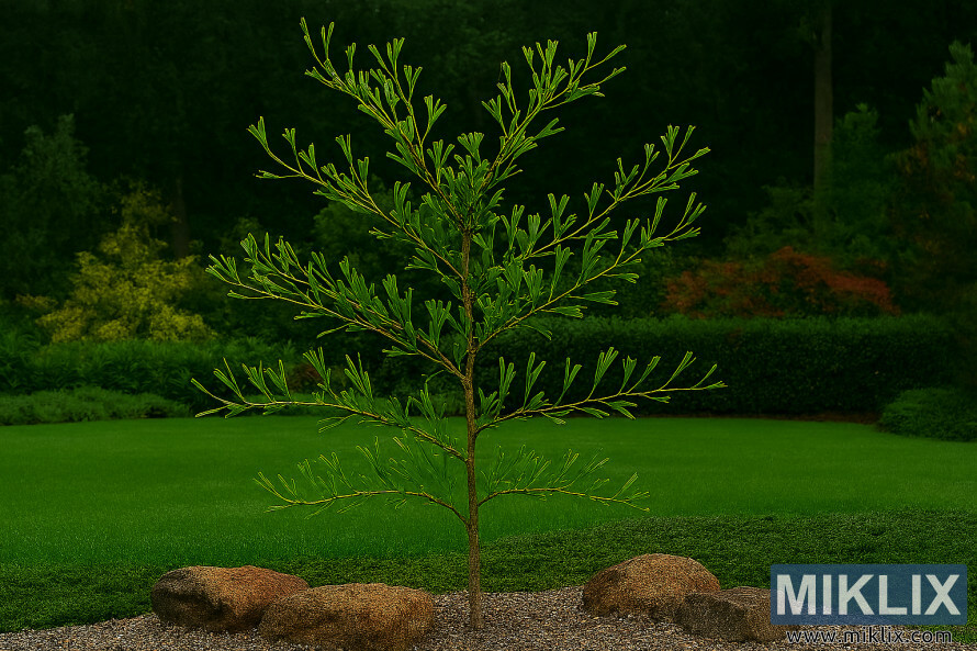 Arbre ginkgo Saratoga avec des feuilles Ã©troites en forme de queue de poisson dans un jardin paysager