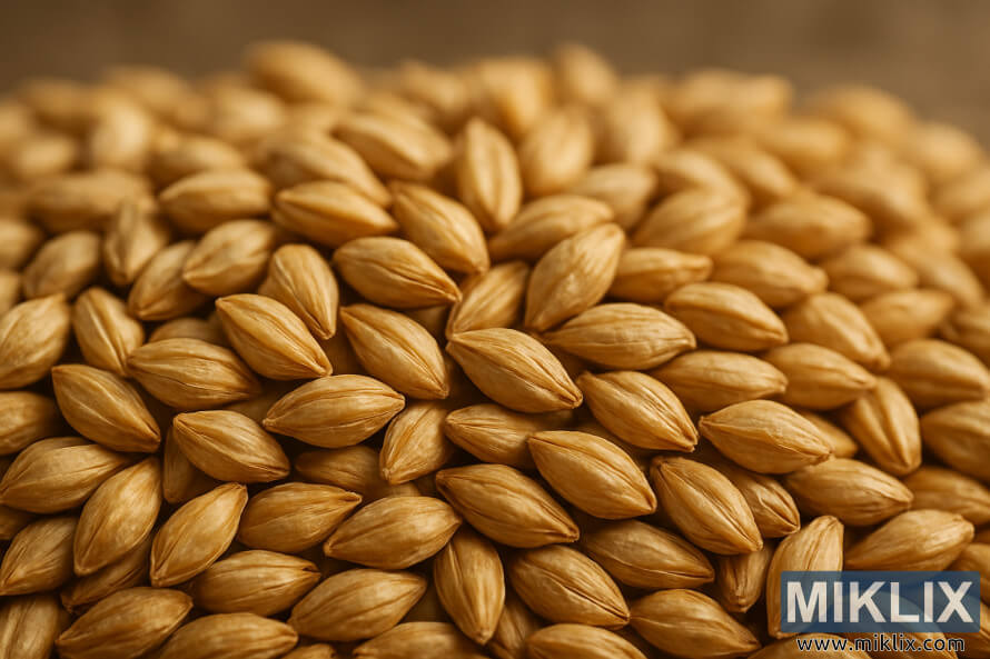 Krupni plan blijedih zrna slada sa zlatnim nijansama i nježnim teksturama pod mekim toplim osvjetljenjem. Krupni plan blijedih zrna slada sa zlatnim nijansama i nježnim teksturama pod mekim toplim osvjetljenjem.