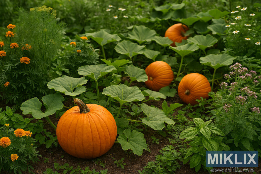 Landscape photo of pumpkins growing among marigolds, herbs, and leafy greens in a garden.