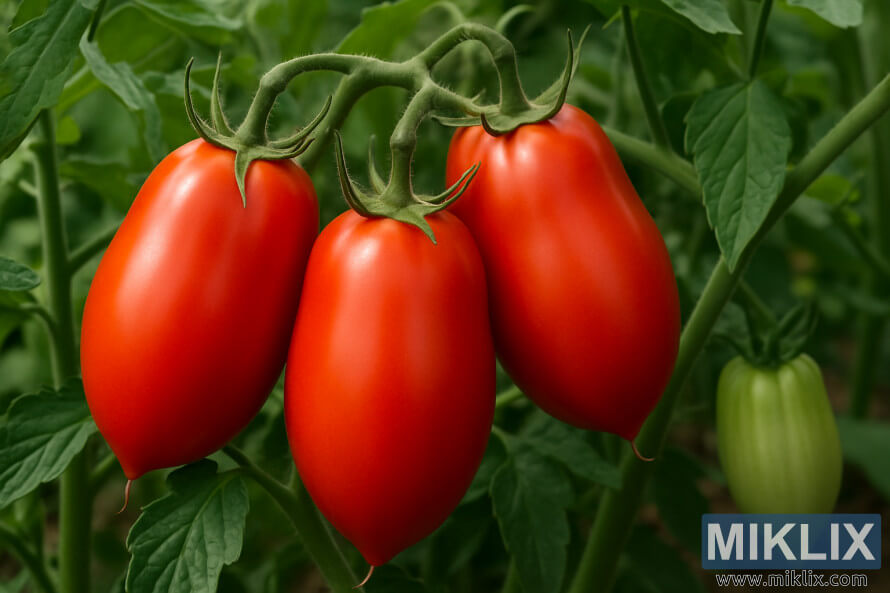 CÃ  chua Roma chÃ­n má»c trÃªn dÃ¢y leo ÄÆ°á»£c bao quanh bá»i lÃ¡ xanh.