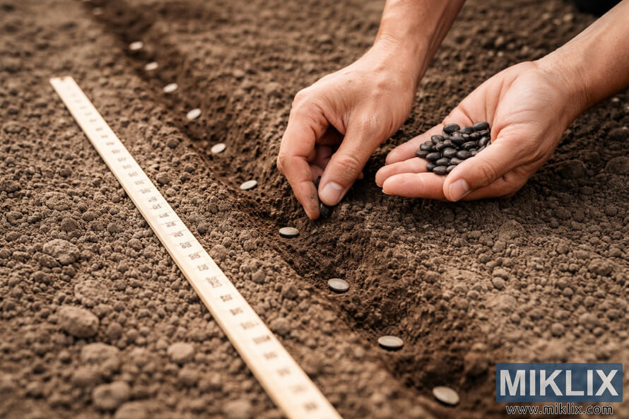 Close-up landscape photo of hands planting watermelon seeds at regular intervals in a prepared soil furrow beside a wooden measuring stick. Close-up landscape photo of hands planting watermelon seeds at regular intervals in a prepared soil furrow beside a wooden measuring stick.