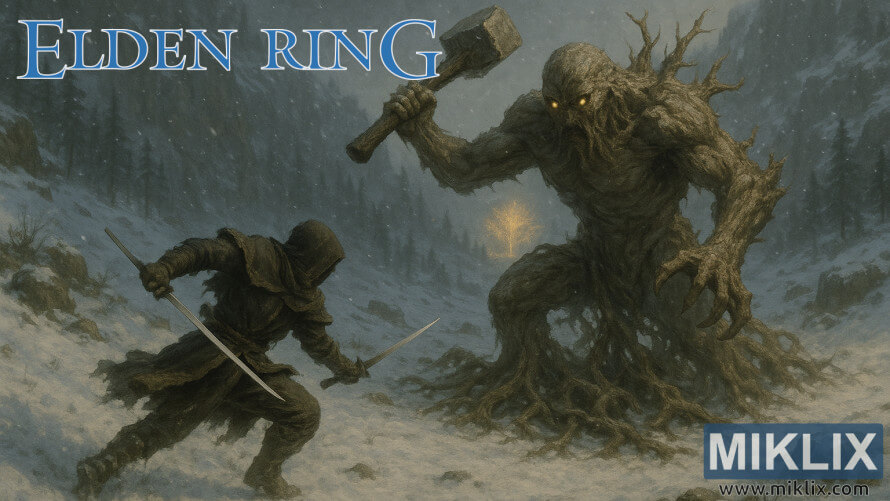 Black Knife assassin facing a massive Erdtree Avatar wielding a stone hammer in a snowy mountain valley. Black Knife assassin facing a massive Erdtree Avatar wielding a stone hammer in a snowy mountain valley.