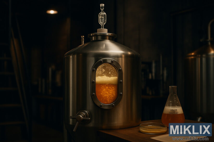 Fermentasi stainless steel kanthi jendela kaca sing nuduhake aktif fermentasi ale Amerika ing pabrik bir sing surem. Fermentasi stainless steel kanthi jendela kaca sing nuduhake aktif fermentasi ale Amerika ing pabrik bir sing surem.