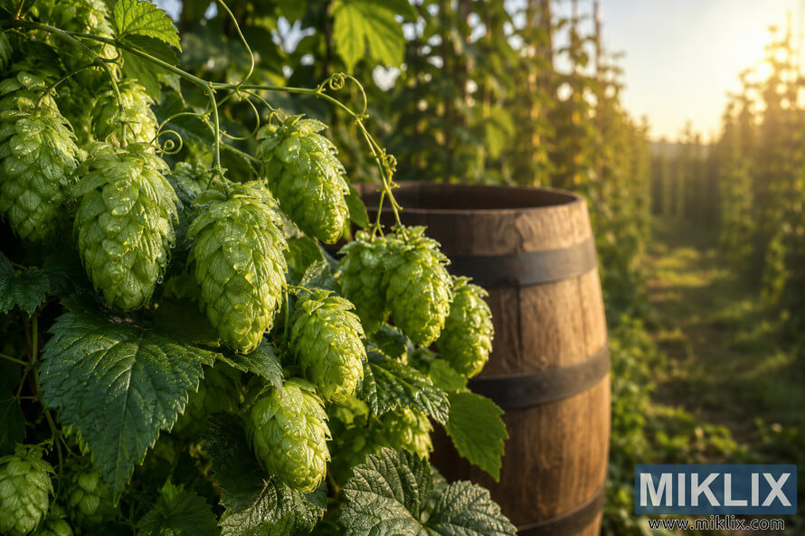 Close-up landscape photograph of fresh Precoce de Bourgogne hops covered in morning dew, hanging from curling vines beside a rustic wooden barrel in a sunlit hop field. Close-up landscape photograph of fresh Precoce de Bourgogne hops covered in morning dew, hanging from curling vines beside a rustic wooden barrel in a sunlit hop field.