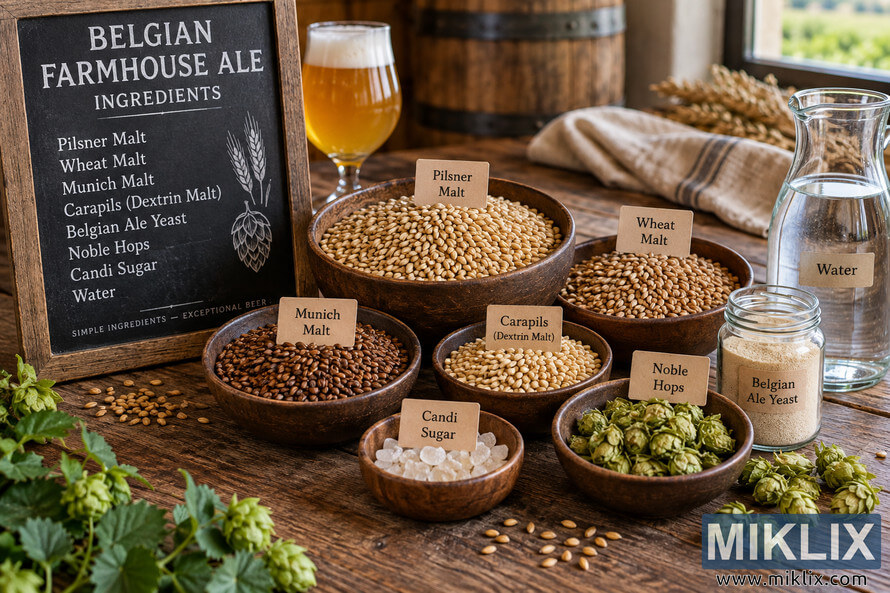 Rustic Belgian farmhouse ale ingredient layout with labeled malts, Belgian ale yeast, noble hops, candi sugar, water, grain, and a glass of golden beer. Rustic Belgian farmhouse ale ingredient layout with labeled malts, Belgian ale yeast, noble hops, candi sugar, water, grain, and a glass of golden beer.