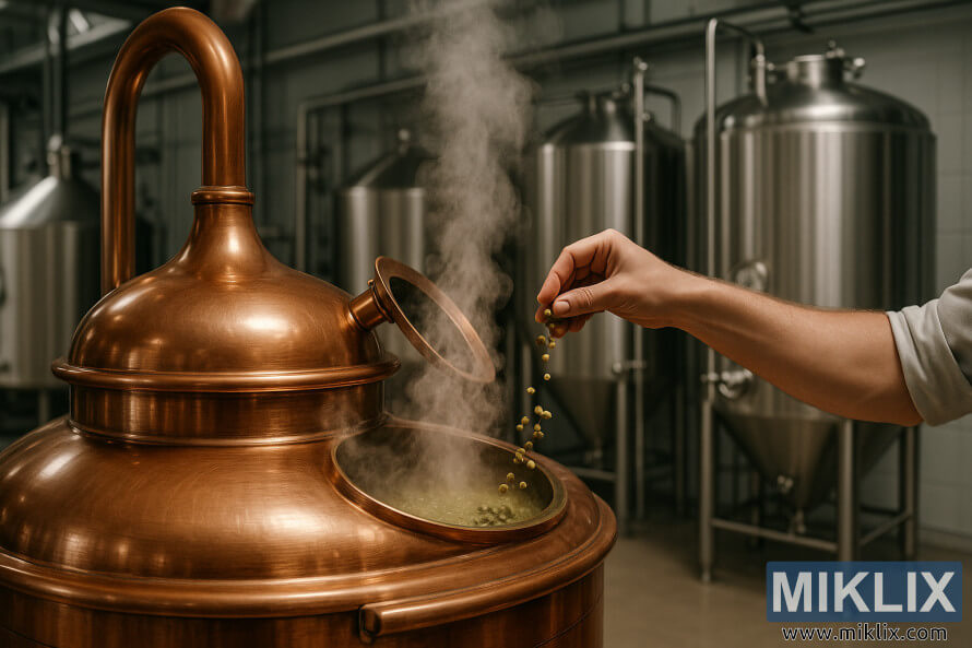 En bryggares hand som tillsÃ¤tter humle i en Ã¥ngande kopparbrygdgryta, med jÃ¤sningstankar av rostfritt stÃ¥l i bakgrunden av ett modernt bryggeri.