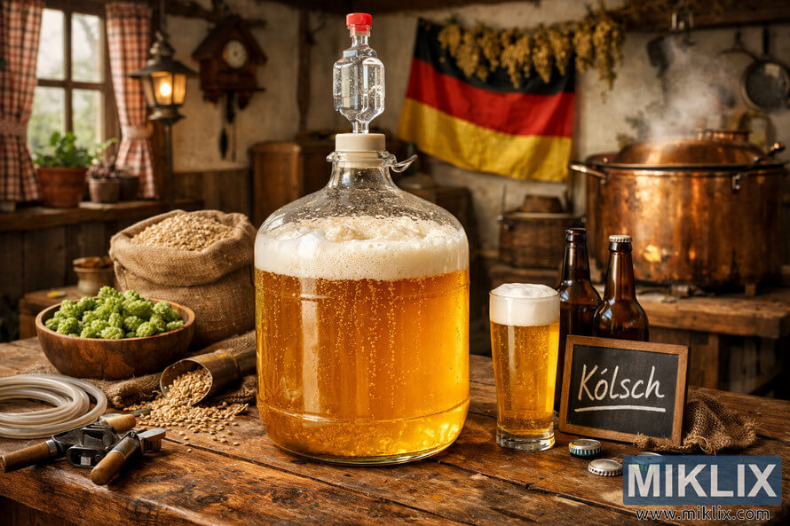 Glass carboy filled with fermenting KÃ¶lsch beer on a rustic wooden table surrounded by hops, barley, bottles, and brewing equipment in a traditional German homebrewing room.