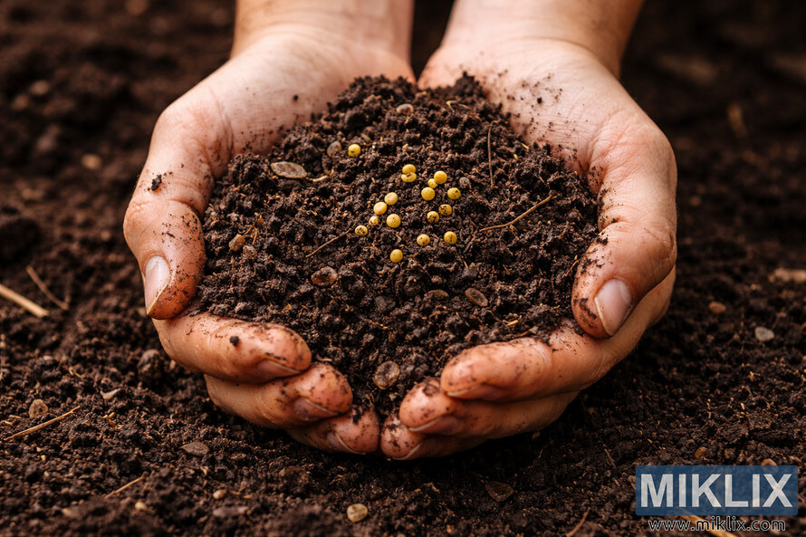 Close-up of cupped hands holding dark compost soil with yellow mustard seeds on top, ready for planting.