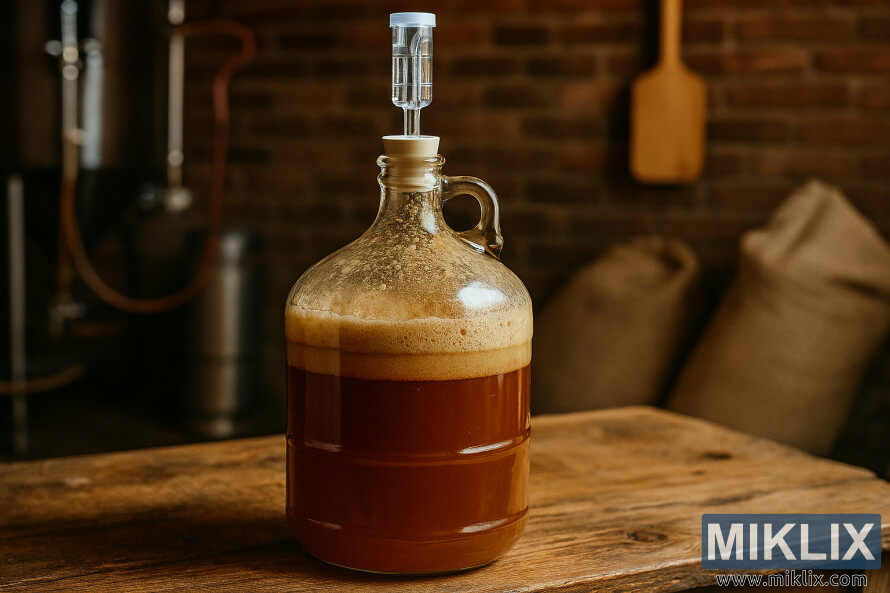 Gilashin carboy mai Æyalli mai tsami akan tebur Éin katako na katako a cikin saitin girkin gida Gilashin carboy mai Æyalli mai tsami akan tebur Éin katako na katako a cikin saitin girkin gida