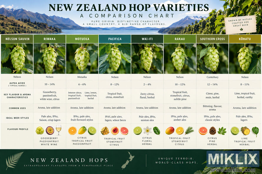 Landscape infographic comparing eight New Zealand hop varietiesâNelson Sauvin, Riwaka, Motueka, Pacifica, Wai-iti, Rakau, Southern Cross, and KÅhatuâwith hop photos, alpha-acid information, flavour and aroma notes, brewing uses, ideal beer styles, and illustrated flavour profiles, framed by New Zealand mountain scenery and green hop foliage.