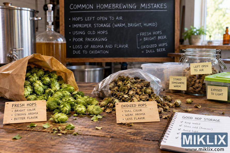 Landscape homebrewing scene comparing vibrant fresh green hops with dull brown oxidized hops, alongside open and improperly stored hop containers, brewing equipment, a chalkboard listing common storage mistakes, and a notebook showing good hop-storage practices. Landscape homebrewing scene comparing vibrant fresh green hops with dull brown oxidized hops, alongside open and improperly stored hop containers, brewing equipment, a chalkboard listing common storage mistakes, and a notebook showing good hop-storage practices.