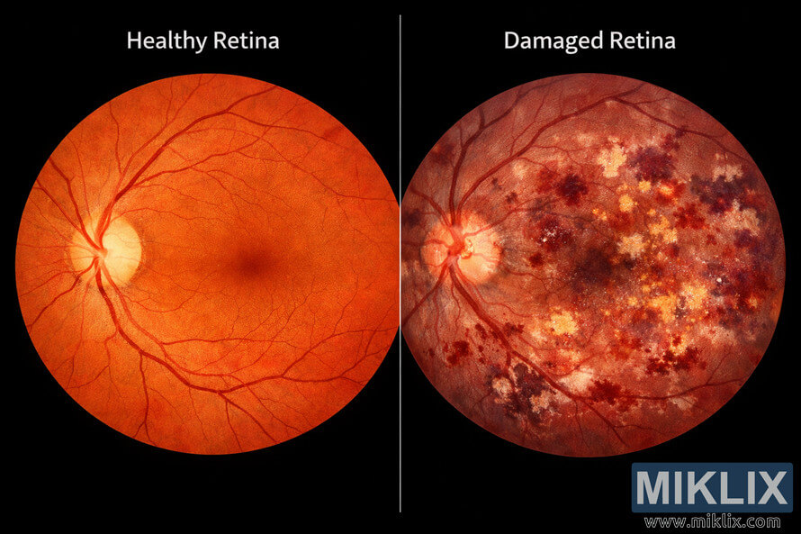 Side-by-side medical illustration showing a healthy retina with clear vessels and a damaged retina with hemorrhages and scarring.
