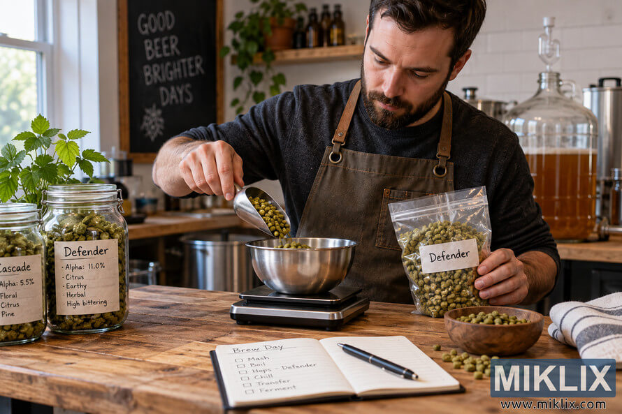 Homebrewer in a rustic brewing workspace measuring green Defender hop pellets into a stainless steel bowl on a digital scale, surrounded by hop jars, brewing notes, fermentation vessels, and homebrewing equipment. Homebrewer in a rustic brewing workspace measuring green Defender hop pellets into a stainless steel bowl on a digital scale, surrounded by hop jars, brewing notes, fermentation vessels, and homebrewing equipment.