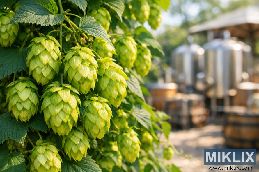 Close-up of fresh green Hersbrucker hop cones on the vine with leaves and a softly blurred outdoor brewery in the background. Close-up of fresh green Hersbrucker hop cones on the vine with leaves and a softly blurred outdoor brewery in the background.