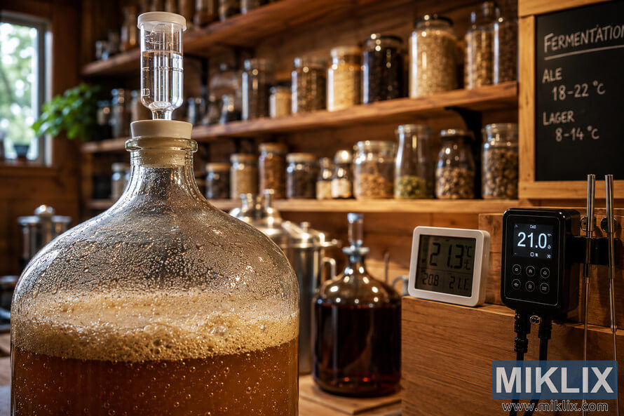 A cozy brewing workshop featuring a large glass carboy filled with actively fermenting amber liquid, fitted with a clear airlock and surrounded by brewing equipment, digital thermometers, and wooden shelves lined with ingredients under warm ambient lighting. A cozy brewing workshop featuring a large glass carboy filled with actively fermenting amber liquid, fitted with a clear airlock and surrounded by brewing equipment, digital thermometers, and wooden shelves lined with ingredients under warm ambient lighting.