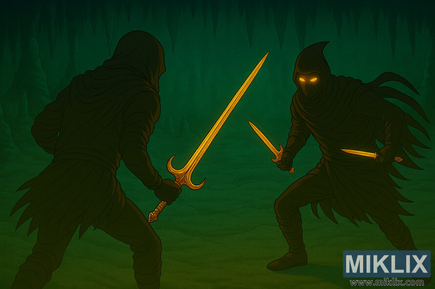 Fanart in anime-stijl van Elden Ring, waarop de Tarnished met een zwaard tegenover een Black Knife Assassin met twee dolken staat in een gloeiende grot, gezien vanuit een verhoogd perspectief.