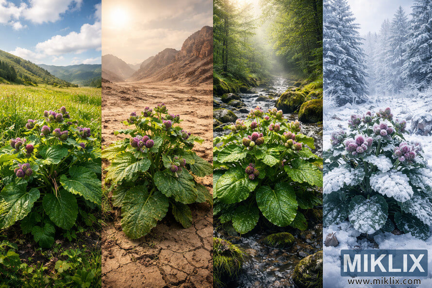 Landscape view of burdock plants growing in arid, temperate, and cool mountainous climates, illustrating their adaptability.
